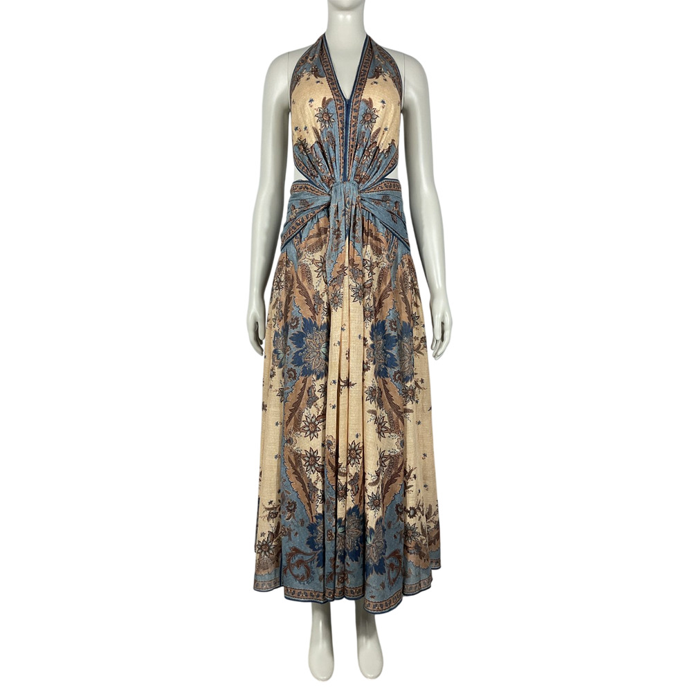 Zimmermann Bohemian Blue Cream Indienne Floral Ascension Halter Maxi Dress Size - Picture 2 of 7